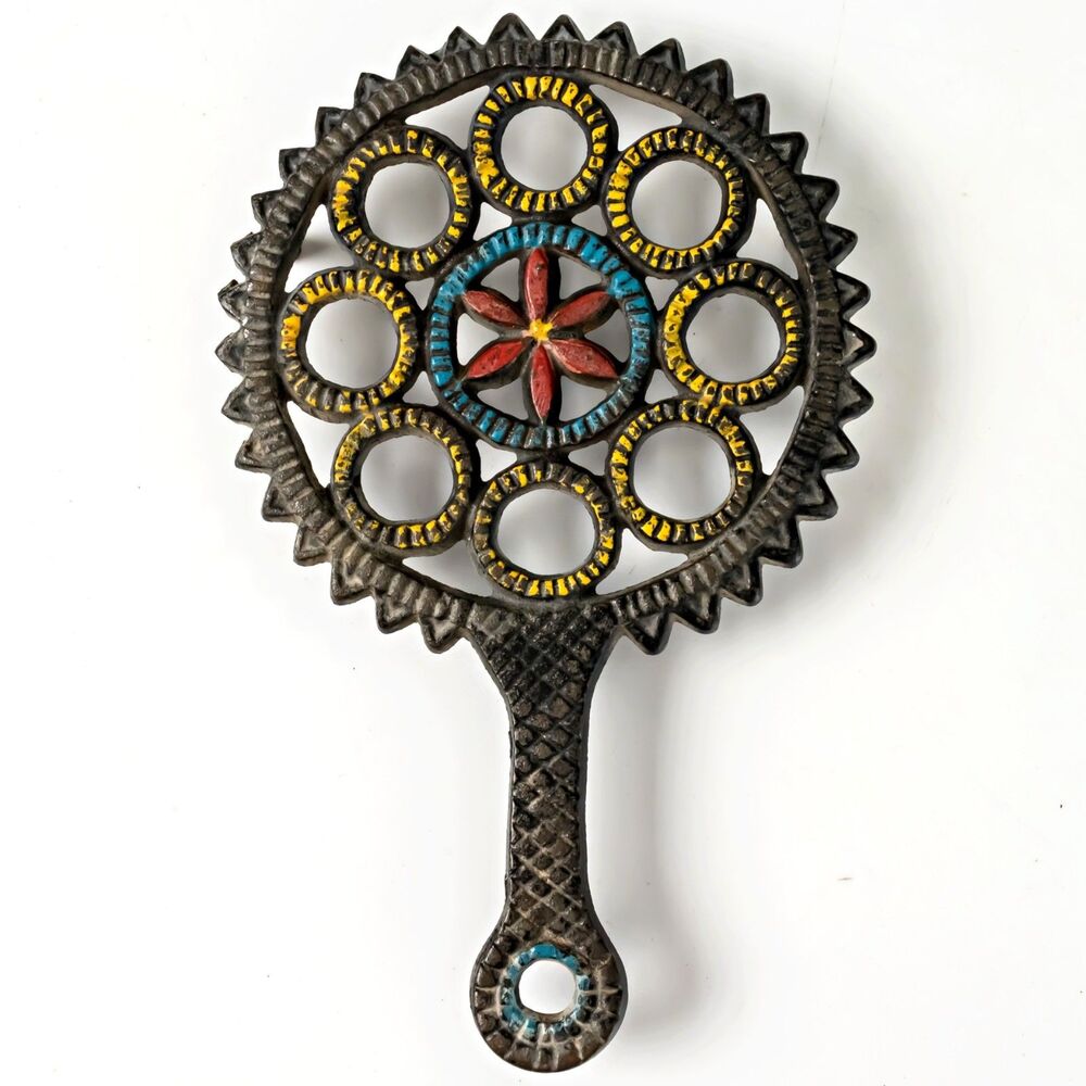 Vintage Wilton 245 Cast Iron Trivet Red Flower Yellow Green Circles